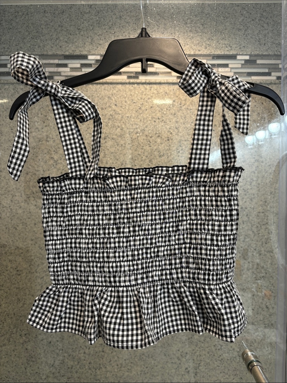 Forever 21 Black & White Gingham Smocked Tie-Strap Crop Top